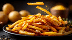 Crispy Salted Fries on Dark Plate with Seasoning