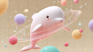 Cute Dolphin with Ring of Planets in a Soft Fantasy Universe