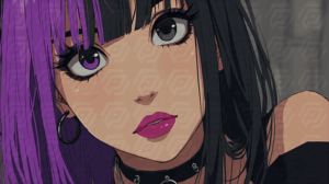 Anime Girl with Purple Bangs and Hoop Earrings