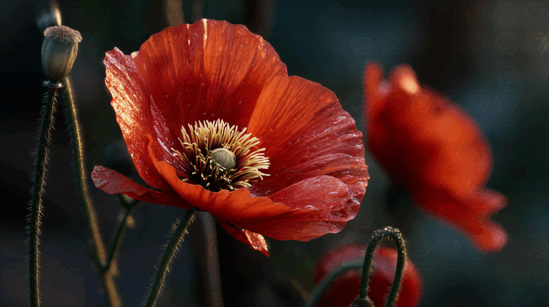 Dew-Covered Red Poppy in Golden Light