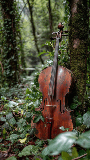 Weathered Cello Leaning Against Mossy Tree in Ivy-Covered Forest