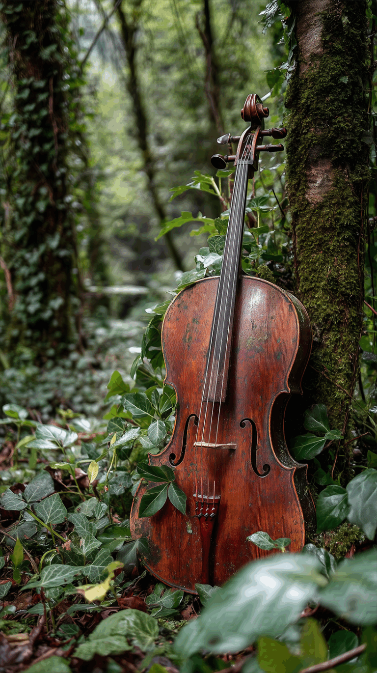 Weathered Cello Leaning Against Mossy Tree in Ivy-Covered Forest