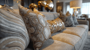 Elegant Sofa with Metallic and Textured Pillows in a Luxury Living Room