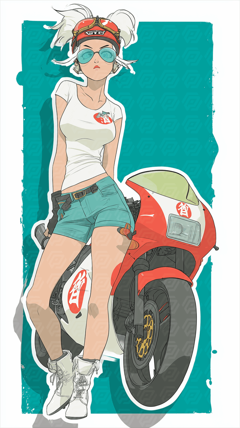 Confident Young Woman Posing with Racing Motorcycle