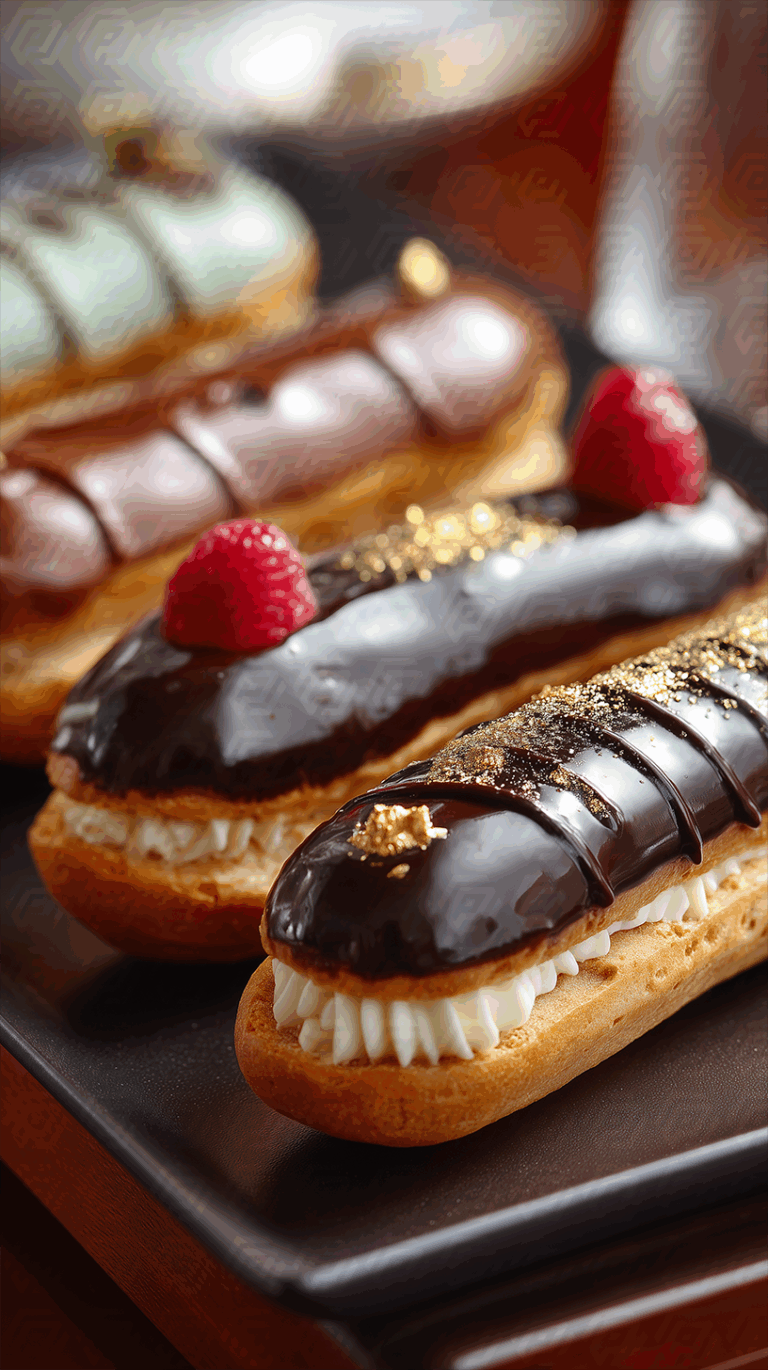 Luxury Chocolate Eclairs with Gold Leaf and Raspberries