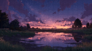 Starry Sky Over Tranquil Marshland at Dusk