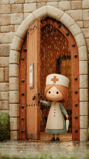 Nurse Standing at Wooden Door in Rainy Weather