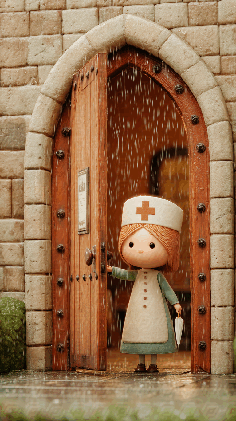 Nurse Standing at Wooden Door in Rainy Weather