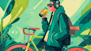 Cool Rider with Headphones and Smoothie in Nature