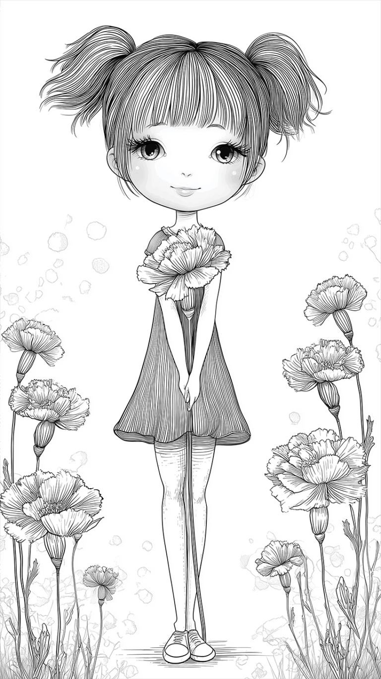 Innocent Girl with Flowers in a Calm Floral Landscape