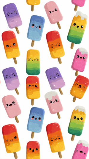 Bright and Sparkly Cartoon Popsicle Pattern with Kawaii Faces
