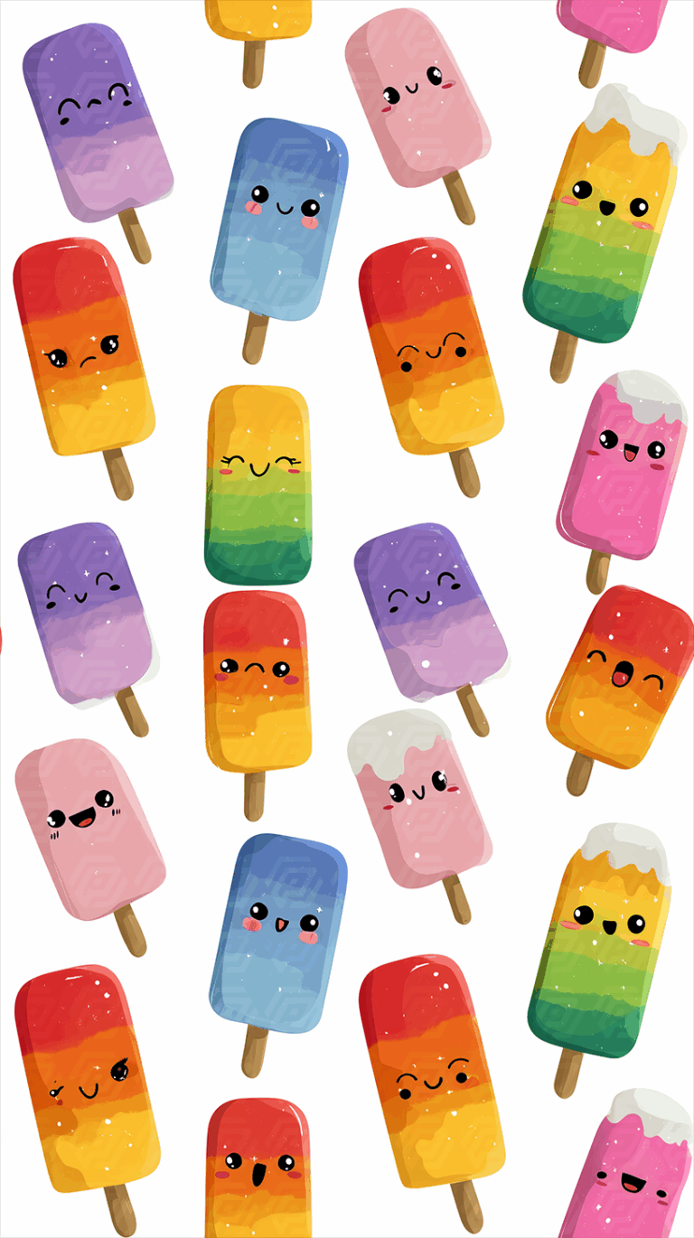 Bright and Sparkly Cartoon Popsicle Pattern with Kawaii Faces