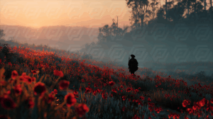 Sunrise Over Hills With Soldier Walking Through Red Poppy Field