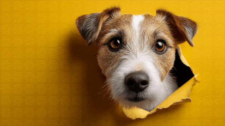 Jack Russell Terrier Peeking Through Yellow Wall Tear