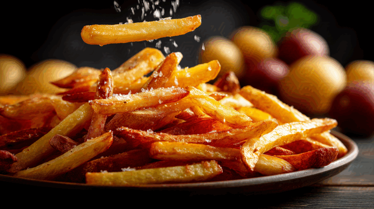 Golden French Fries Sprinkled with Salt on Plate