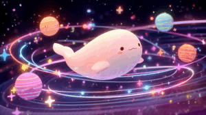 Playful Space Whale in Galaxy of Colorful Planets and Stars