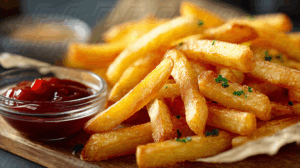 Golden French Fries With Ketchup on Wooden Board