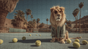 Stylish Lion in Sunglasses on Tennis Court