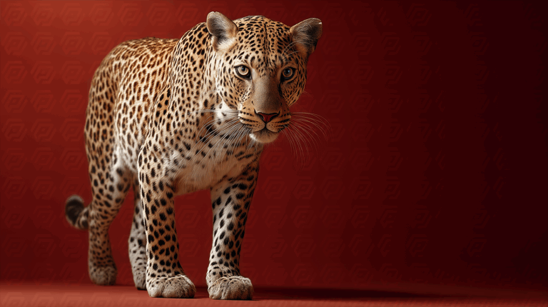 Close-Up Portrait of a Leopard on Red Background