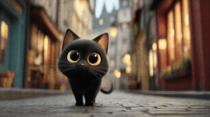Adorable Black Kitten with Big Eyes on a Cobblestone Street