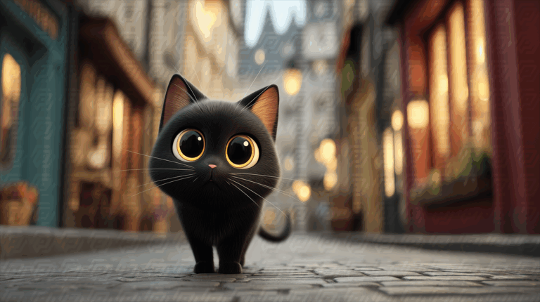 Adorable Black Kitten with Big Eyes on a Cobblestone Street
