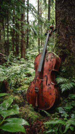 Old Cello Covered in Moss Resting Against Tree in Deep Forest