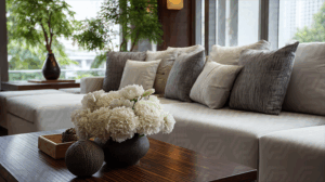 Minimalist Living Room with Neutral Sofa and Elegant Floral Arrangement
