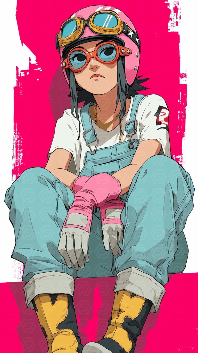 Seated Youth in Racing Gear with Bold Expression and Goggles