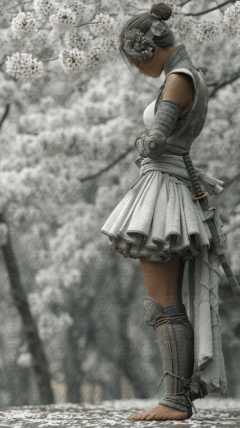 Female Samurai in Cherry Blossom Forest with Traditional Armor
