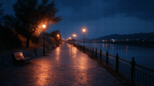 Romantic Riverside Pathway Lit by Warm Street Lamps at Night