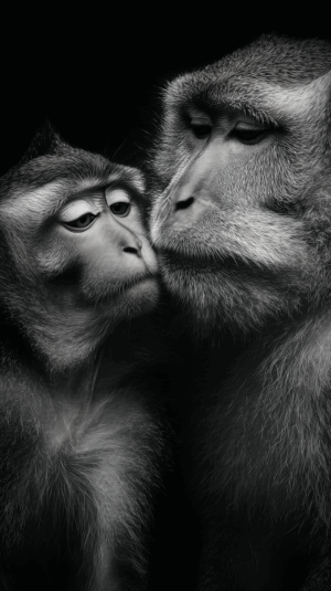 Tender Black and White Portrait of Two Monkeys Showing Affection