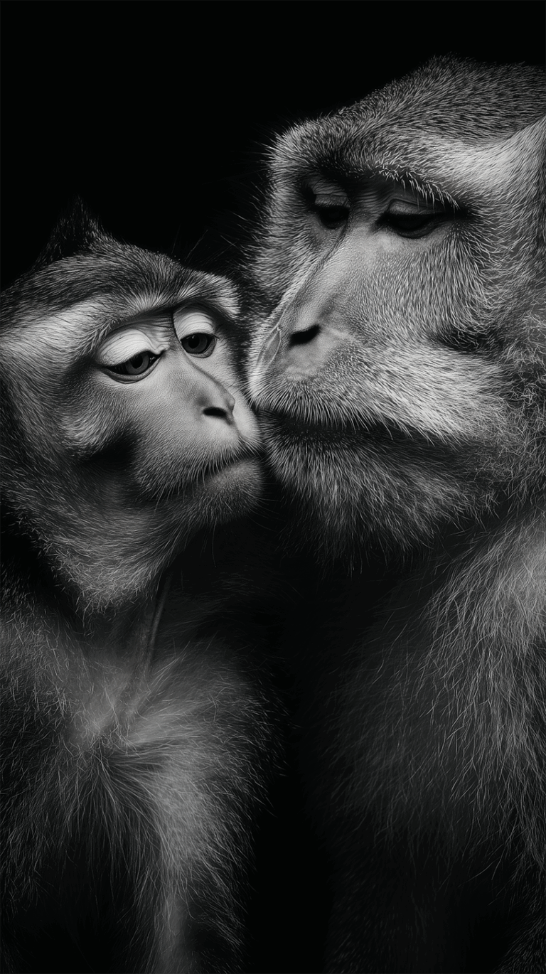 Tender Black and White Portrait of Two Monkeys Showing Affection