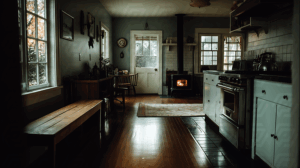Rustic Kitchen with Wood Stove and Morning Light