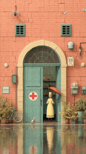 Medical Worker With Umbrella Outside Colorful Clinic in Rain