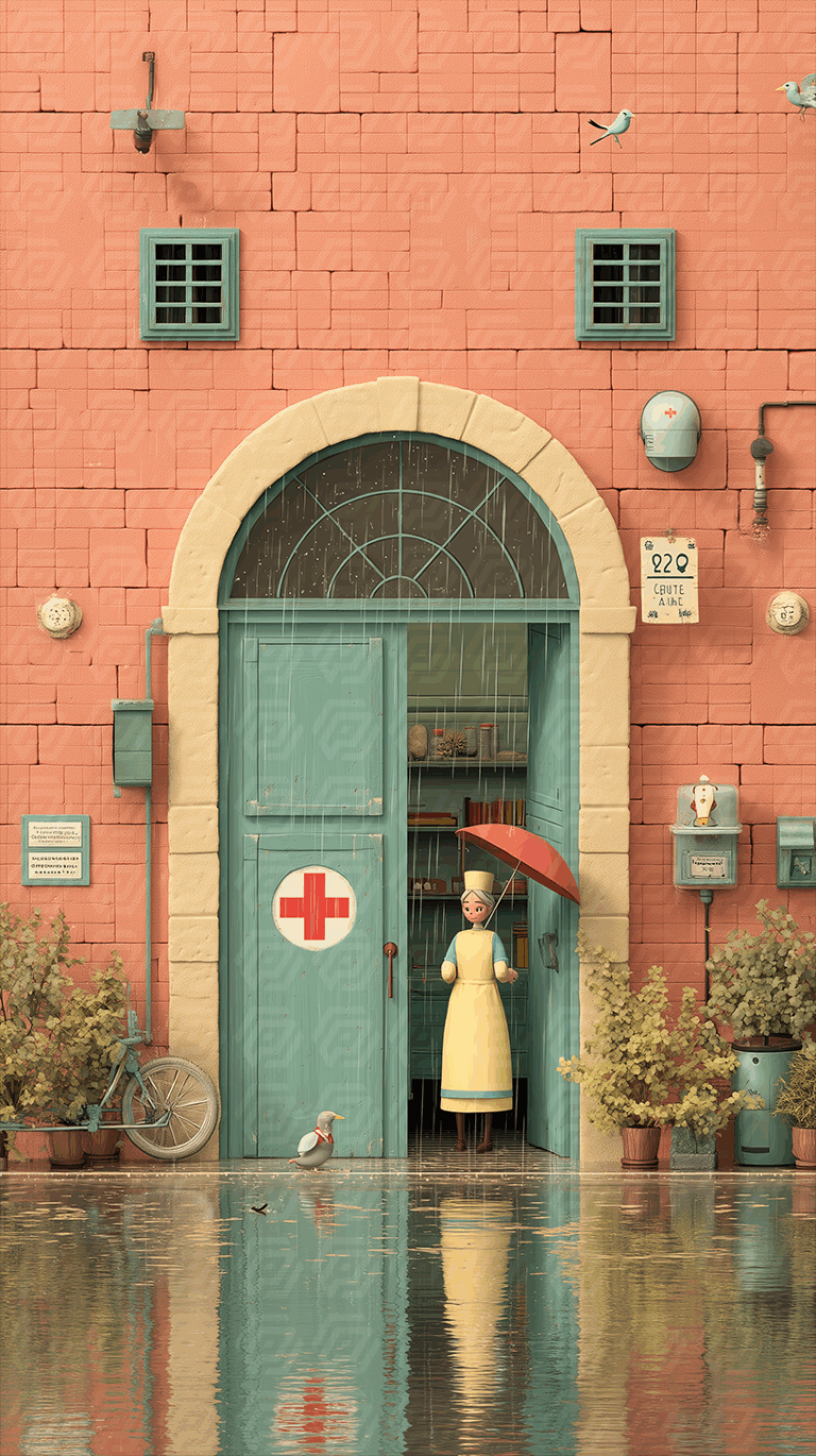 Medical Worker With Umbrella Outside Colorful Clinic in Rain