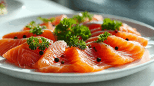 Fresh Salmon Sashimi Garnished with Pepper and Parsley