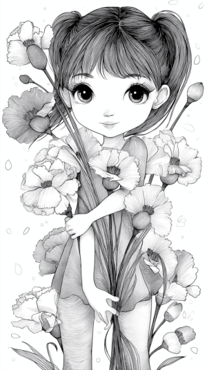 Cute Girl Hugging a Bunch of Flowers in Detailed Line Art Style