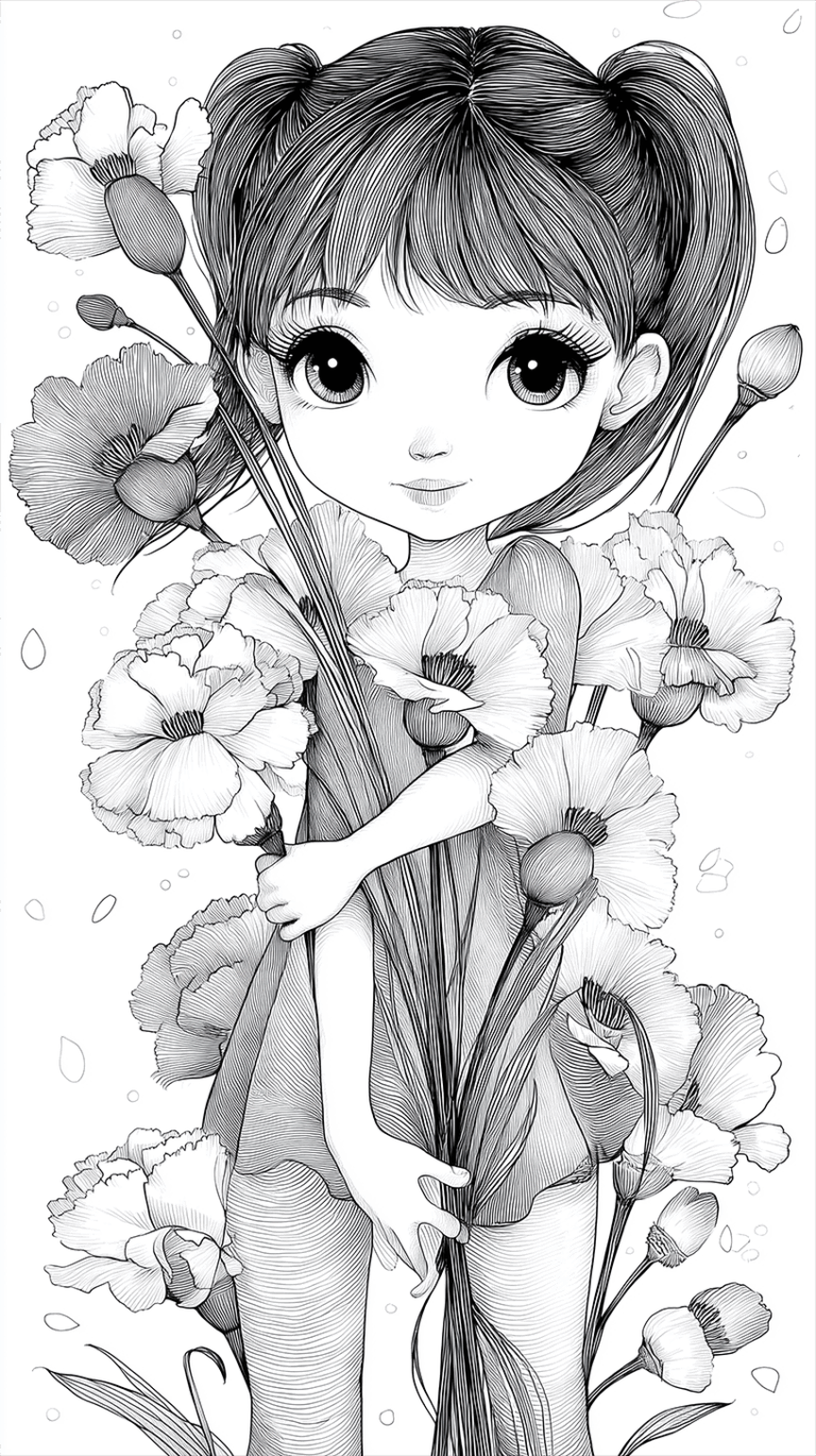 Cute Girl Hugging a Bunch of Flowers in Detailed Line Art Style