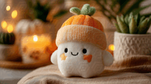 Cute Plush Toy With Pumpkin Hat On Cozy Autumn Background