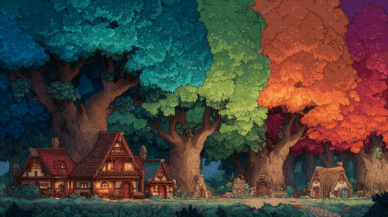 Charming Forest Village With Colorful Seasonal Trees