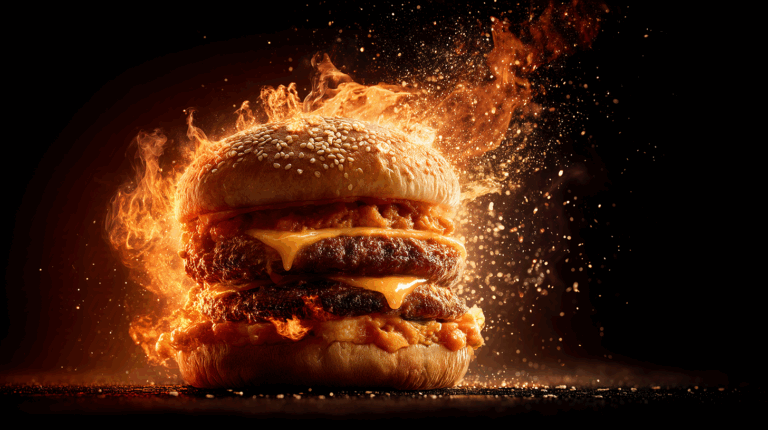 Flaming Cheeseburger On Dark Background With Sparks
