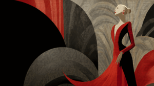 Elegant Woman in Flowing Red and Black Gown with Art Deco Background