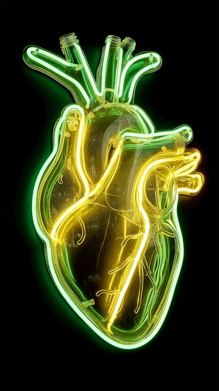 Glowing Neon Anatomical Heart Art in Yellow and Green