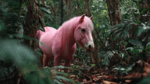 Pink Pony Standing in Dense Tropical Forest