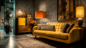 Warm Retro-Inspired Living Room With Yellow Sofa and Ambient Lighting