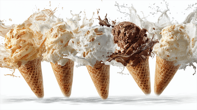 Assorted Ice Cream Cones with Flavor Splashes in Mid-Air