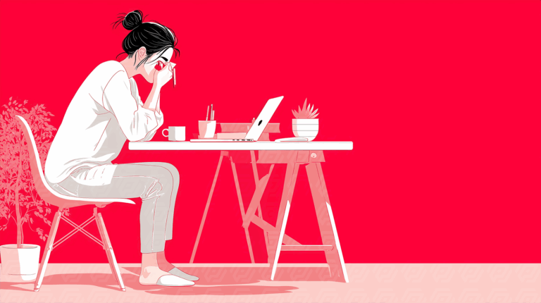 Stressed Woman Working at Desk with Laptop and Coffee