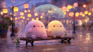 Cute Fluffy Characters Sharing Umbrella on Rainy Night Bench