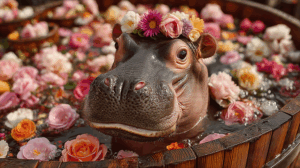 Cute Baby Hippo Enjoying a Relaxing Floral Bath