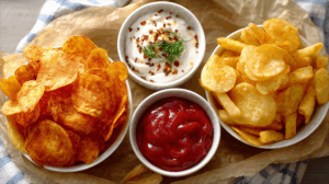 Assorted Potato Snacks With Sauces on Rustic Paper